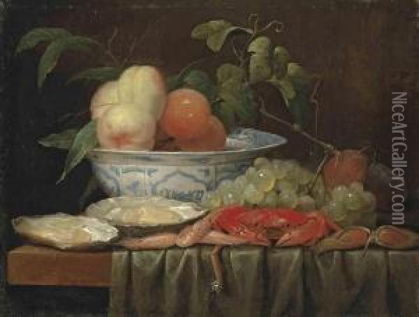 Peaches In A Porcelain Bowl, With Oysters, Prawns, A Crab, Grapesand Plums On A Partly Draped Wooden Table Signed With Initials 'j.v.s.' Oil Painting - Joris Van Son