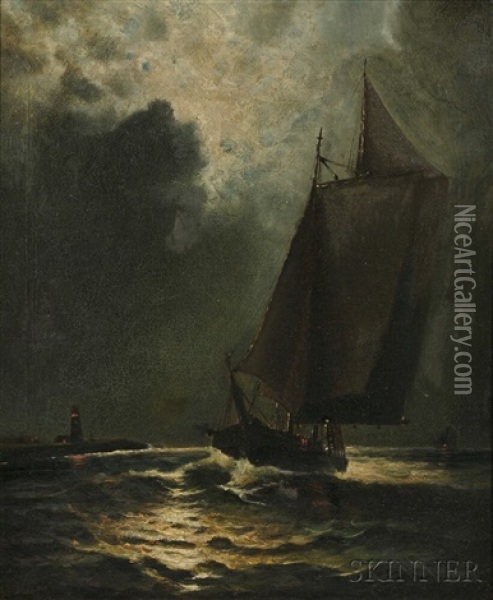 Moonlit Sail With Distant Lighthouse Oil Painting - Elbridge Wesley Webber