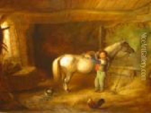 Barn Interior With Boy Saddling Up A Grey Pony Oil Painting - William Joseph Shayer
