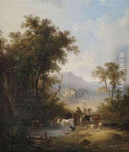 Cattle Herdat A Watering Hole, In The Background Extensive Landscape With Aninn. Oil Painting - Snr William Shayer