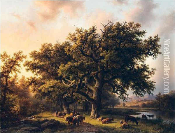 Cattle Drivers In A Rhine Landscape Oil Painting - Barend Cornelis Koekkoek
