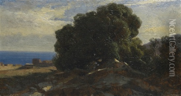 Massif D'arbres Et Bord De Mer, Vers Bordighera Oil Painting - Alexandre Calame