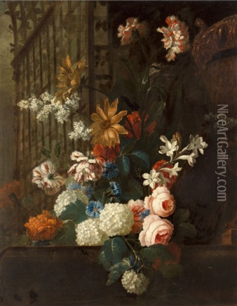 Still Life With Lilacs, Roses, Carnations, Hydrangeas, Polianthes Tuberosa And Cornflower Oil Painting - Jean-Baptiste Monnoyer