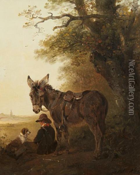 A Boy With Donkey And Dog Resting Beneath An Old Oak Tree Oil Painting - Edward Robert Smythe