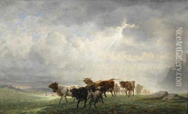 Vaches Chassees Par L'orage Oil Painting - Edouard Jeanmaire