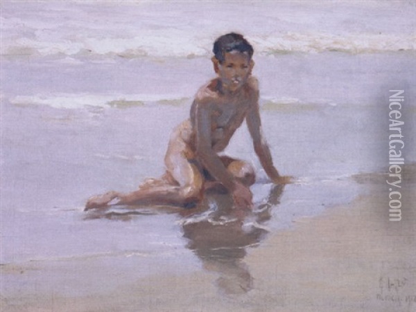 Coastal Landscape With Nude Male Oil Painting - Mathias Joseph Alten