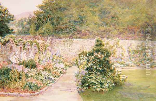 The Garden at Undermount Bonchurch Isle of Wight with St Boniface in the distance Oil Painting - A. Foord Hughes