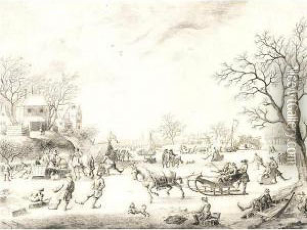 A Winter Landscape With Skaters, Kolf Players And Elegant Townsfolk On A Frozen River Oil Painting - Adriaen Cornelisz. Van Salm