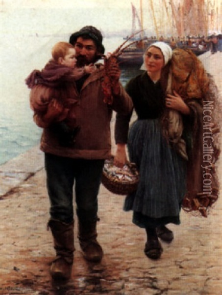 A Fisherman And His Family Oil Painting - Alfred Guillou