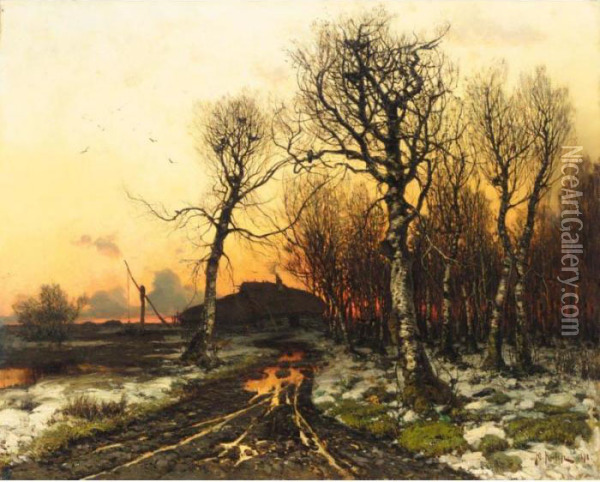 Winter Sunset Oil Painting - Iulii Iul'evich (Julius) Klever