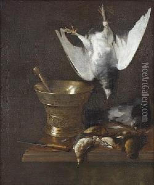 A Hanging Dove, With Dead Finches And Pigeon On A Ledge Beside A Mortar And A Knife Oil Painting - Cornelis van Lelienbergh