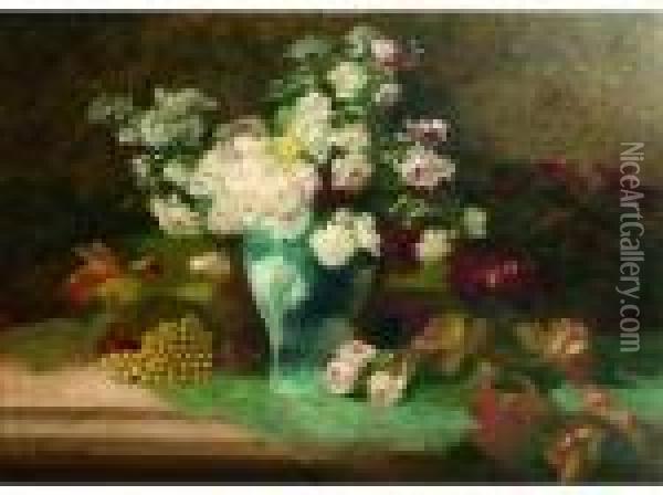 Nature Morte Au Vase De Fleurs Et Grappede Raisins Oil Painting - Edmond Van Coppenolle