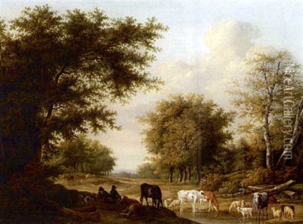 Resting Cowherds With Their Cattle Oil Painting - Jan Kobell the Younger
