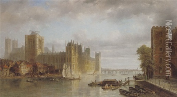 Houses Of Parliament From The Thames With Figures Boarding A Ferry In The Foreground Oil Painting - Pierre Justin Ouvrie