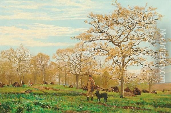 A Sporting Man And His Dog In A Wooded Landscape Oil Painting - Charles R. Pettafor