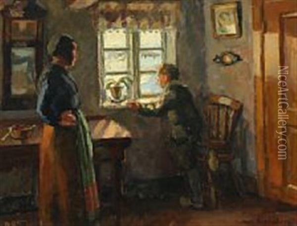 Interior With A Woman And A Boy At The Window Oil Painting - Axel Bredsdorff