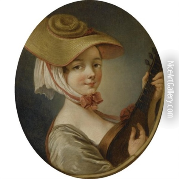 Woman With A Lute Oil Painting - Jean Baptiste Henri Deshays