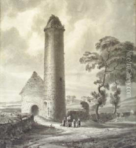 Round Tower And Chapel At Clonmacnoise Oil Painting - Charles Vallancey Pratt