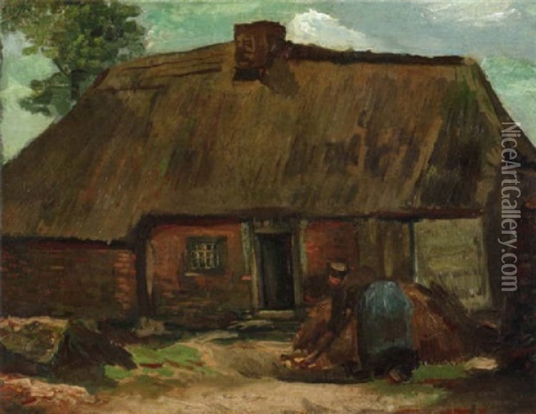 Chaumiere Avec Paysanne Bechant Oil Painting - Vincent Van Gogh