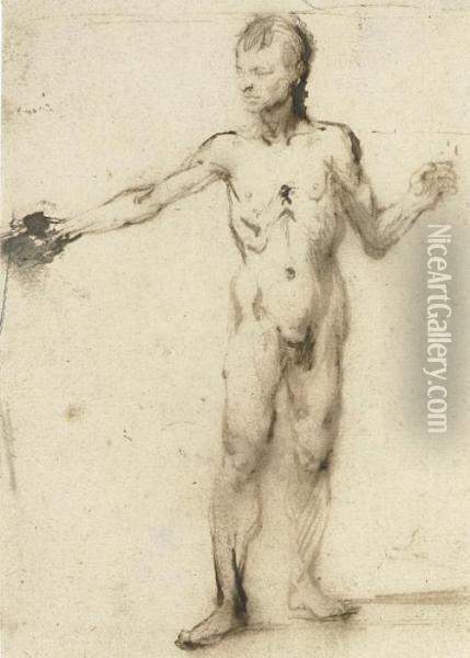 A Standing Nude Gesturing To The Right Oil Painting - Rembrandt Van Rijn