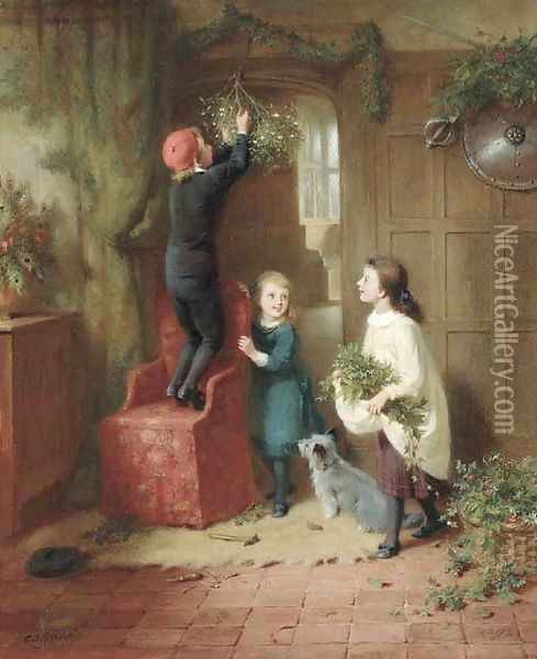 Hanging the mistletoe Oil Painting - George Bernard O'Neill