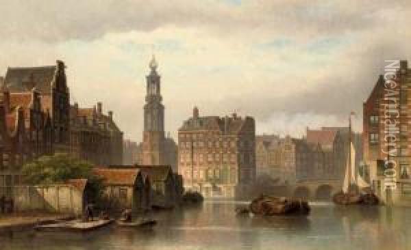 The Amstel In Summer With The Munttoren And The Rokin Beyond Oil Painting - Eduard Alexander Hilverdink