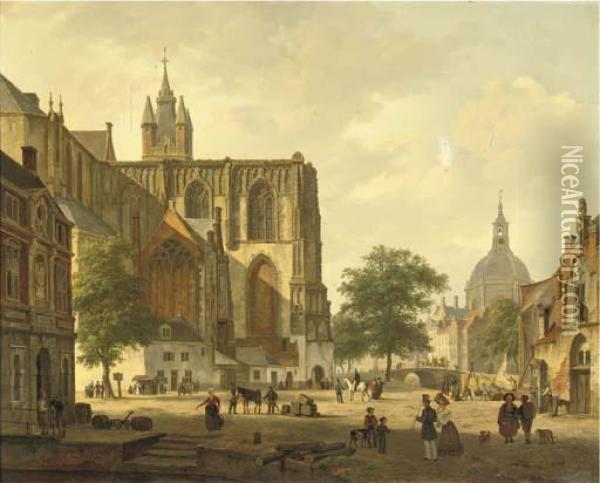 A Busy Dutch City Square In Summer Oil Painting - Bartholomeus J. Van Hove