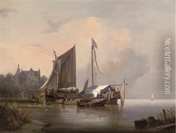 Ceremonial Barges Moored On A Dutch Waterway Oil Painting - Wijnand Jan Joseph Nuyen