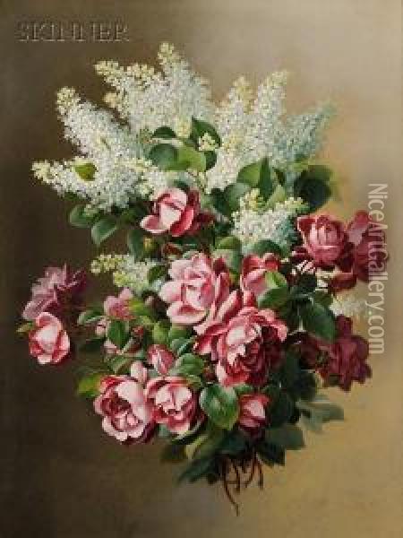 Still Life With Lilacs And Pink Roses Oil Painting - Paul De Longpre