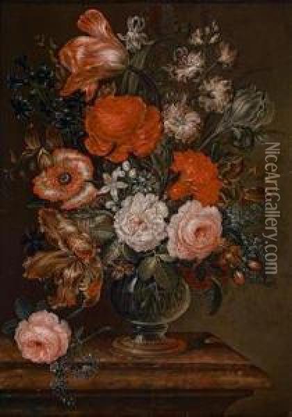 Ein Paar Blumenstilllebenin Glasvasen Oil Painting - Caspar Hirscheli