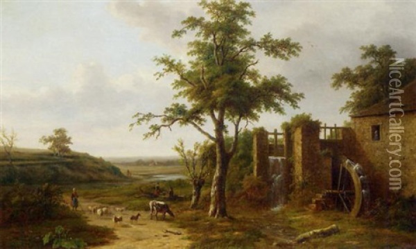 A Panoramic Landscape With A Peasant Woman And Cattle Near A Watermill Oil Painting - Hendrik Dirk Kruseman van Elten