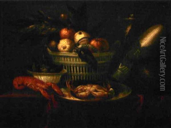 Nature Morte Au Panier De Fruits, Crustaces Et Melone Sur Une Table Oil Painting - Jan Albertsz Rootius