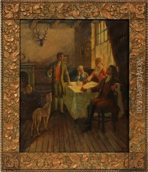 Depicting Figures Gathered In The Home. Oil Painting - Harry (Sir) Hamilton Johnston