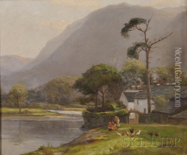 View Of Children By A Lake Oil Painting - Augustus William Enness