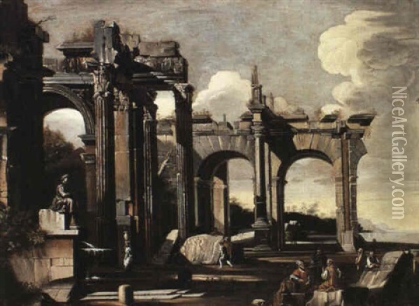 Ruinenlandschaft Mit Figurenstaffage Oil Painting - Giovanni Ghisolfi