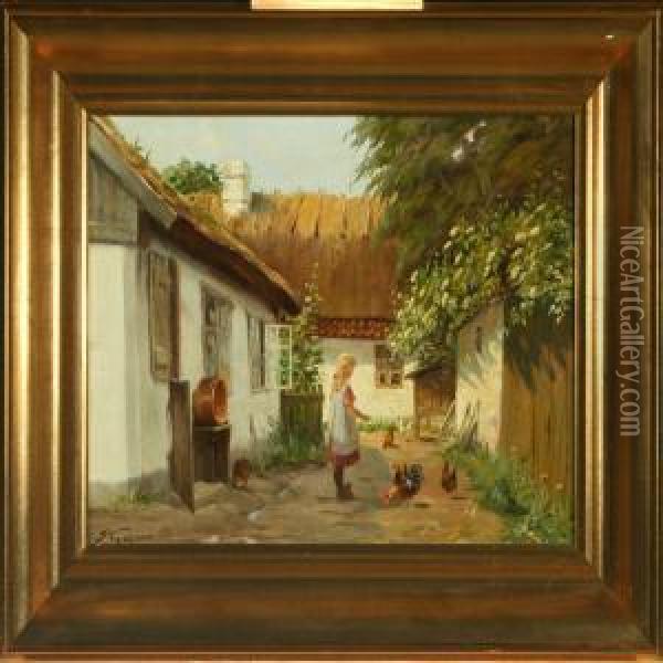 Farm Exterior With Young Girl Oil Painting - Edmund Fischer