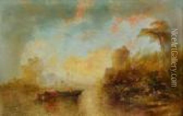 Lakelandscape With Barge Before A Castle Ruin Oil Painting - Alfred Montague