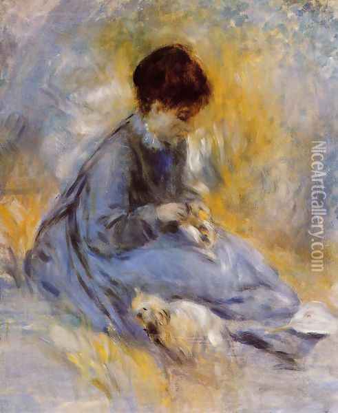 Young Woman With A Dog Oil Painting - Pierre Auguste Renoir