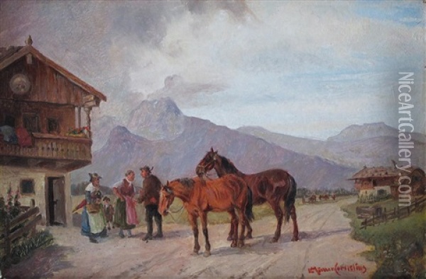 Oberbayerische Dorflandschaft Mit Figurenstaffage Und Pferden Oil Painting - Ludwig Mueller-Cornelius