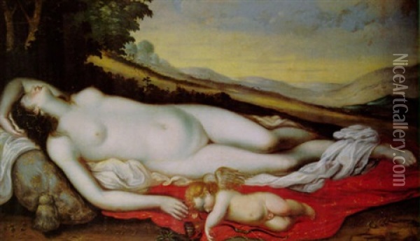 Ruhende Venus Und Amor Vor Landschaftlichem Hintergrund Oil Painting - Johann Jacob Soentgens