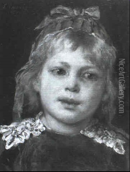 Brustbild Eines Jungen Madchens In Einem Roten Kleid Mit Spitzenkragen Oil Painting - Ludwig Knaus