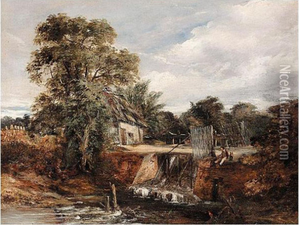Fishing By A Suffolk Lock-gate Oil Painting - Frederick Waters Watts