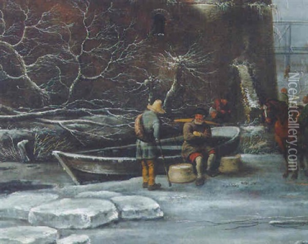 A Winter Landscape With Skaters On A Frozen Moat Oil Painting - Nicolaes Molenaer