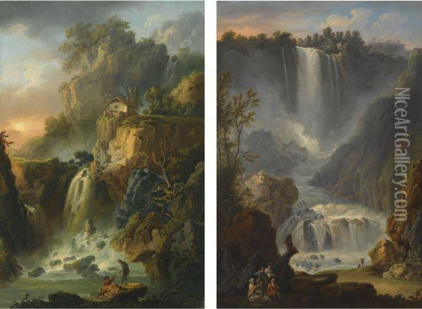 Views Of The Grand Cascade And The Cascade Del Marmore At Terni,near Rome Oil Painting - Claude Louis Chatelet