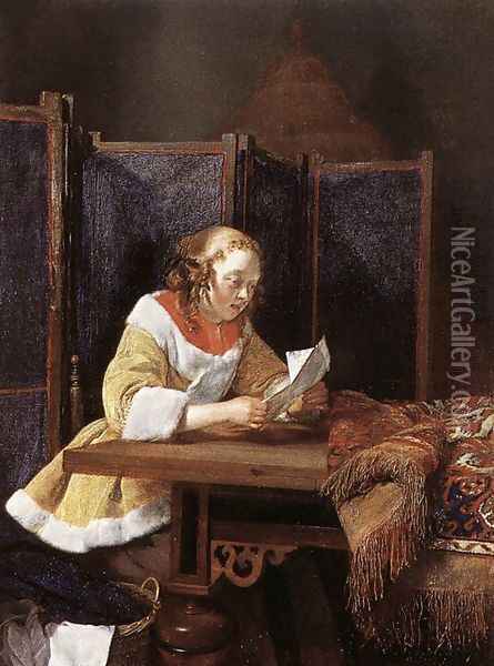 A Lady Reading a Letter c. 1662 Oil Painting - Gerard Ter Borch