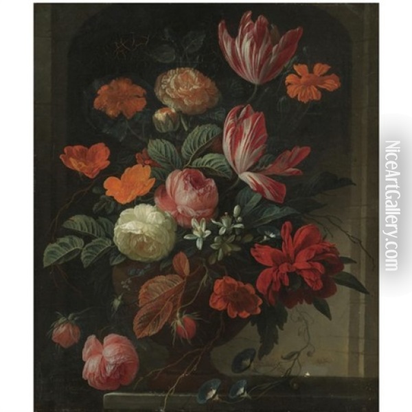 Still Life With Flowers In An Urn On A Stone Ledge Oil Painting - Elias van den Broeck