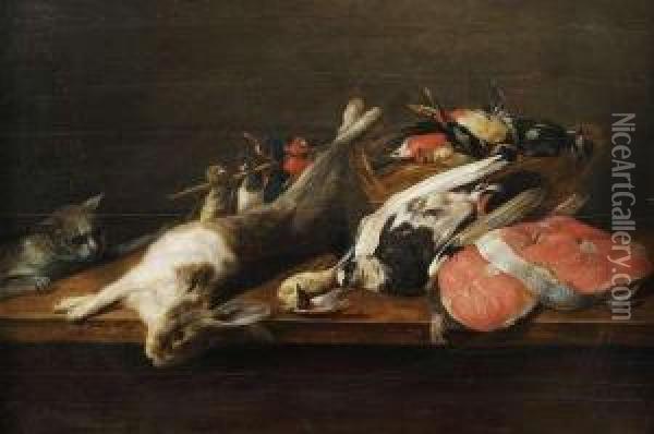 Still Lifewith Game, Poultry And Salmon. Oil Painting - Jacobes Vonck