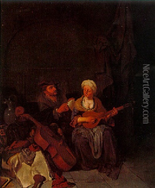 Couple Making Music In An Interior Oil Painting - Cornelis Pietersz Bega