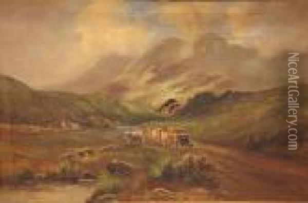 Cattle In A Highland Landscape Oil Painting - Gustave de Breanski