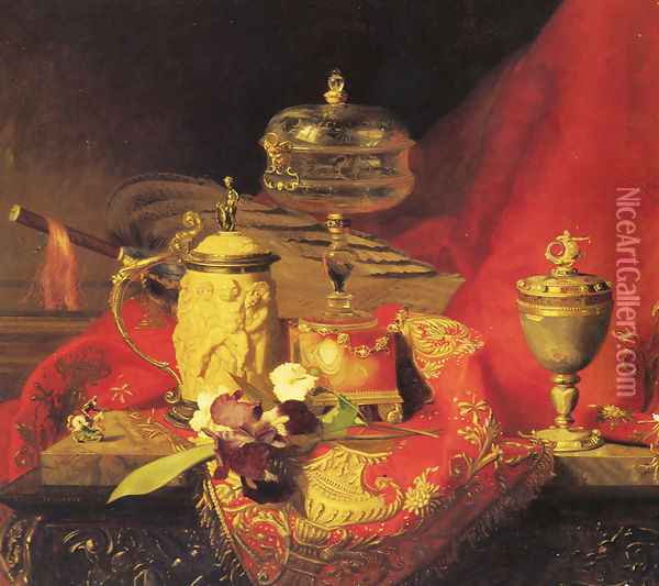 A Still Life With Iris And Urns On A Red Tapestry Oil Painting - Blaise Alexandre Desgoffe